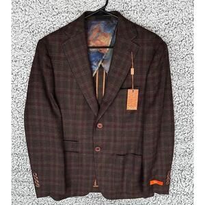 Tallia Men's Blue/Brown Classic Plaid Wool Blend Slim-Fit Sport Coat Size 38S